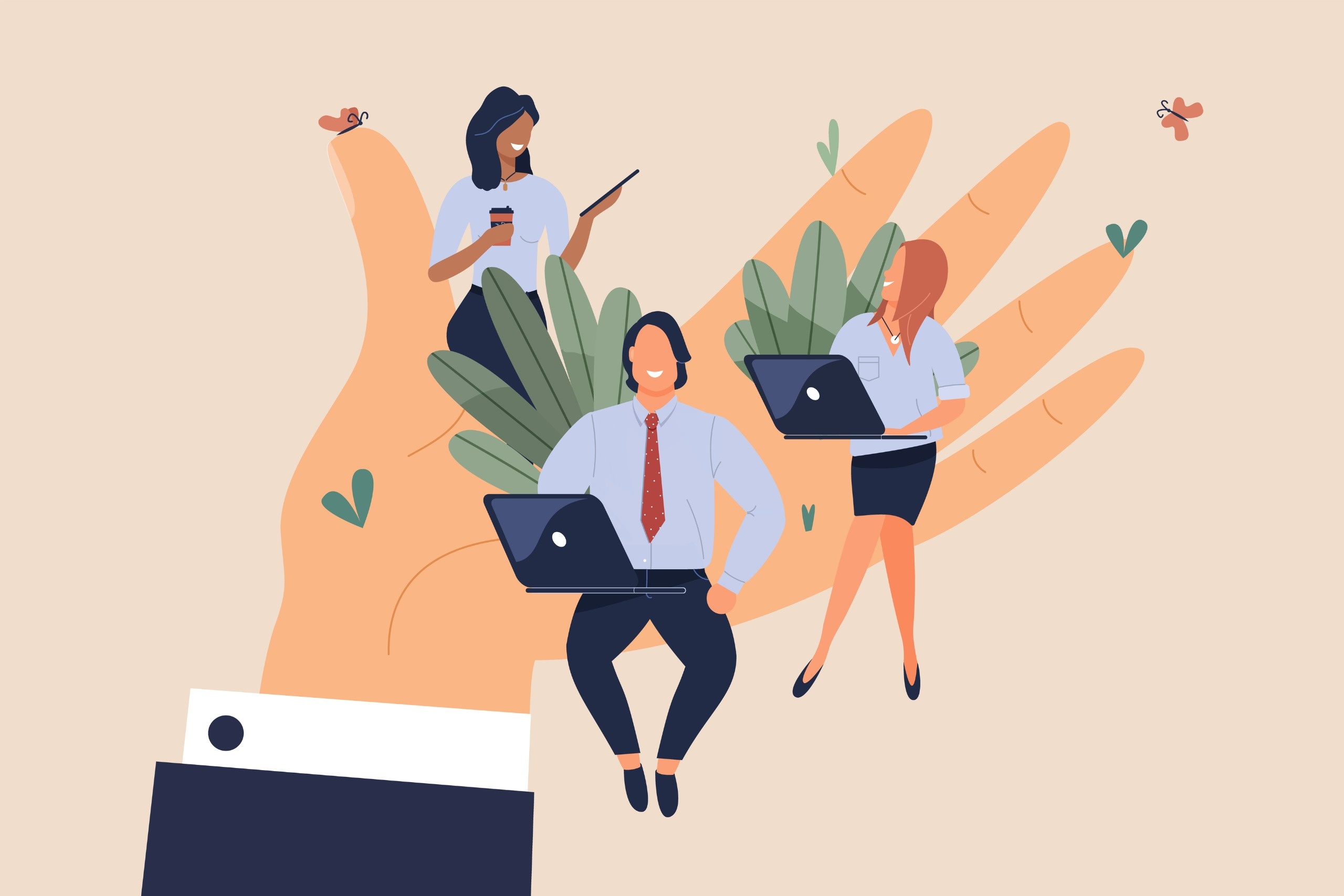 tiny-office-workers-sitting-on-huge-hand-illustration-id1324169373